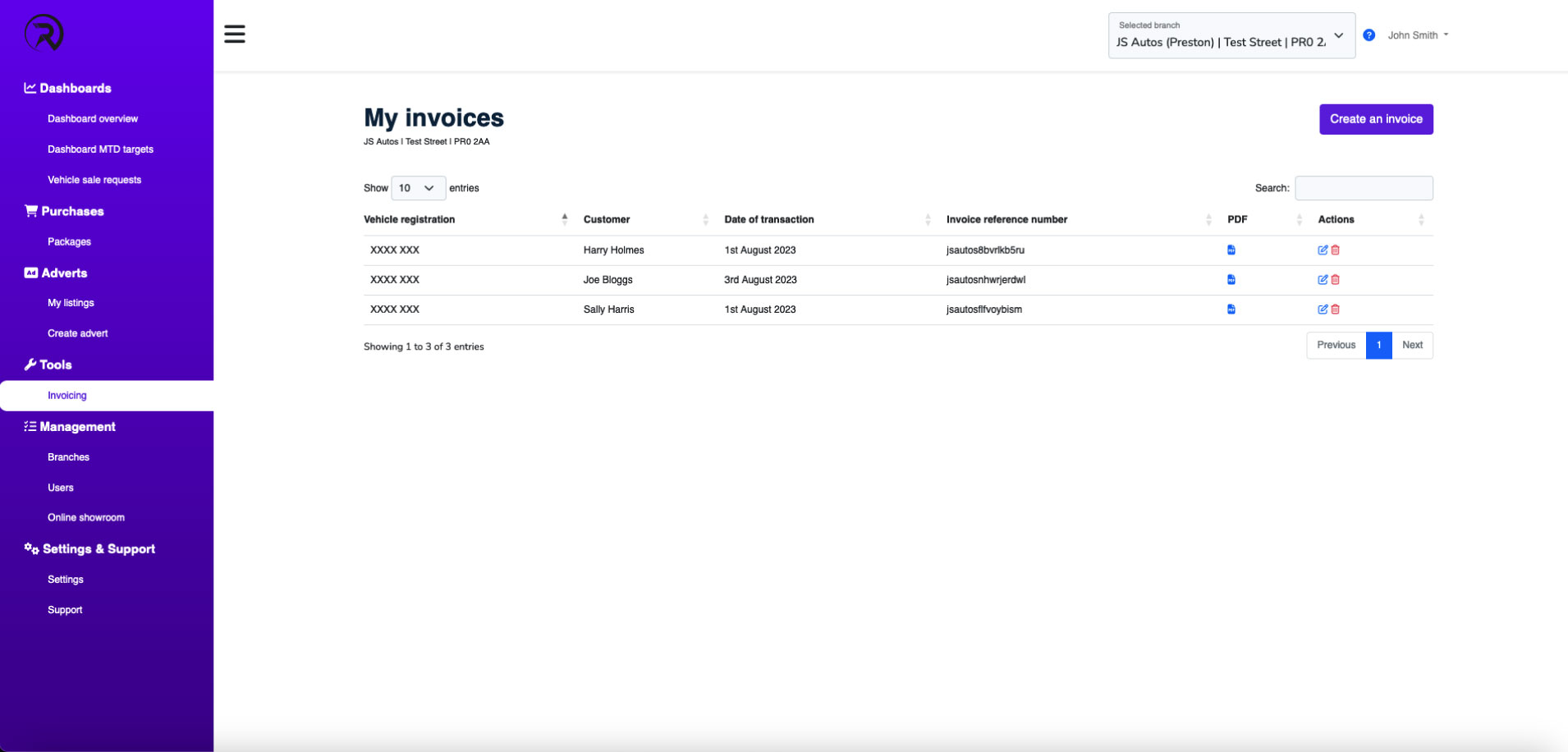 Revolution Dealers invoice dashboard